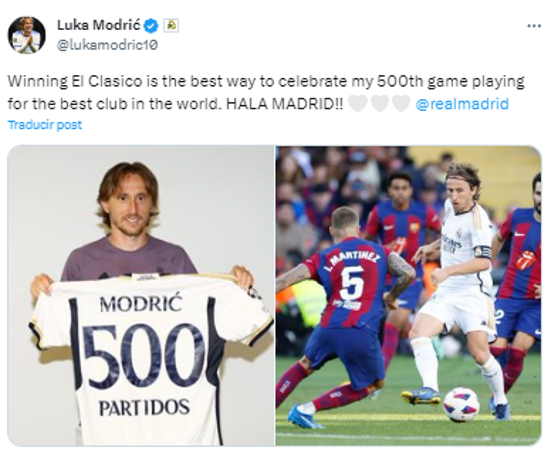 Luka Modric no pudo perderse la fiesta y tras ser una de las figuras en el segundo tiempo para el Madrid, expresó: “Ganar el Clásico es la mejor manera de celebrar mi partido número 500 jugando para el mejor club del mundo. ¡¡HALA MADRID!!”