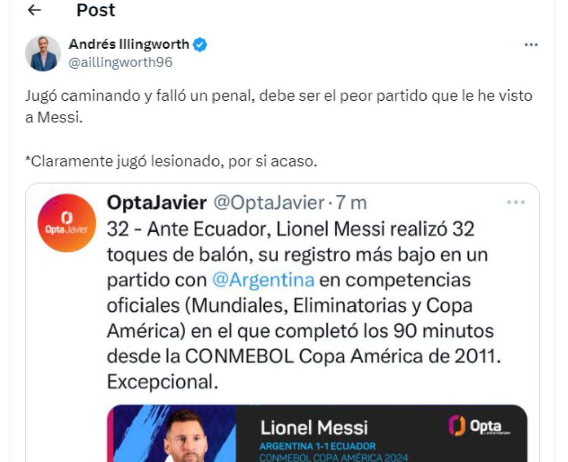 Prensa internacional señala que Messi disputó el peor de los juegos con la selección de Argentina e inclusive informan que al parecer jugó lesionado ante Ecuador.