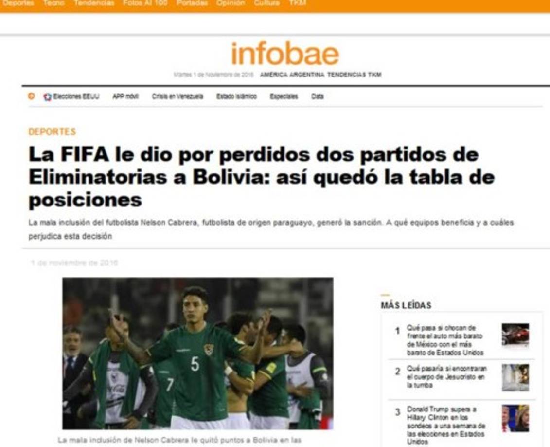 Infobae.com informa que 'la FIFA le dio por perdidos dos partidos de Eliminatorias a Bolivia: así quedó la tabla de posiciones'.