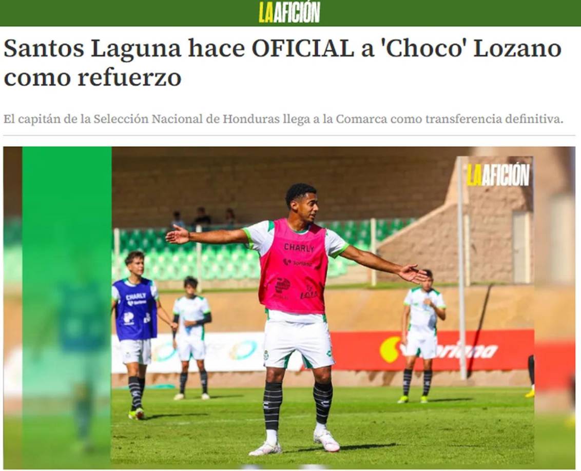 Diario Milenio - “Santos Laguna hace OFICIAL a ‘Choco’ Lozano como refuerzo”.
