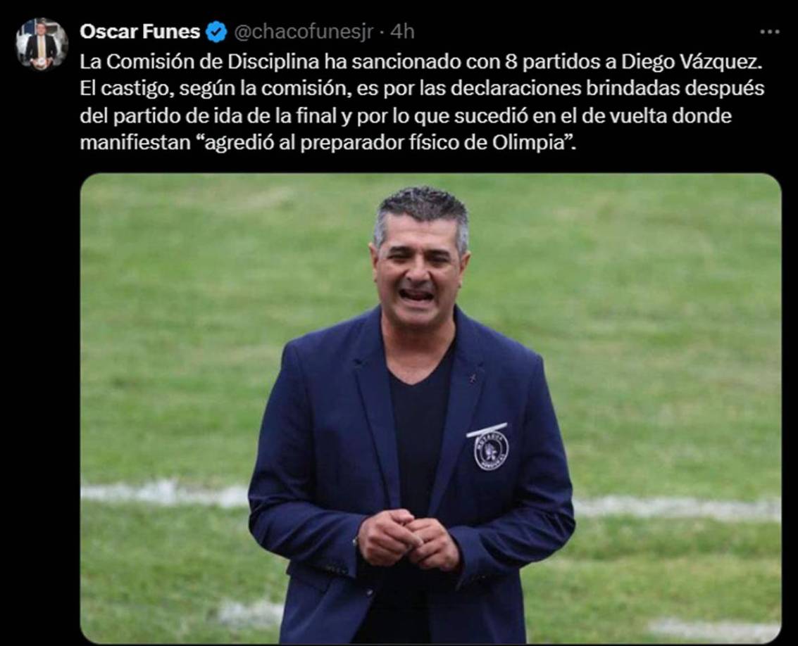 Oscar Funes, también de Tigo Sports, destaca que el castigo de Diego Vázquez, según la Comisión, “es por las declaraciones brindadas después del partido de ida de la final y por lo que sucedió en el de vuelta donde manifiestan ‘agredió al preparador físico de Olimpia’”.