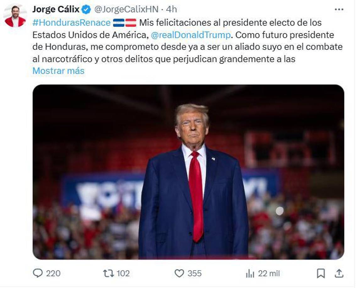 Jorge Cálix, precandidato presidencial del Partido Liberal, felicitó a Trump y afirmó que serán aliados cuando sea presidente de Honduras. 