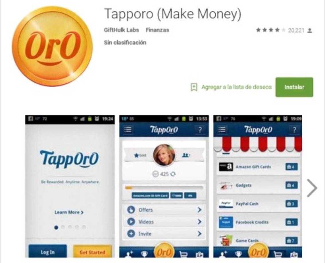 Tapporo:<br/><br/>Funciona casi igual que el resto y permite canjear el saldo en Amazon, PayPal o juegos de Facebook. Ofrece la posibilidad de ganar dinero por invitar a tus amigos.