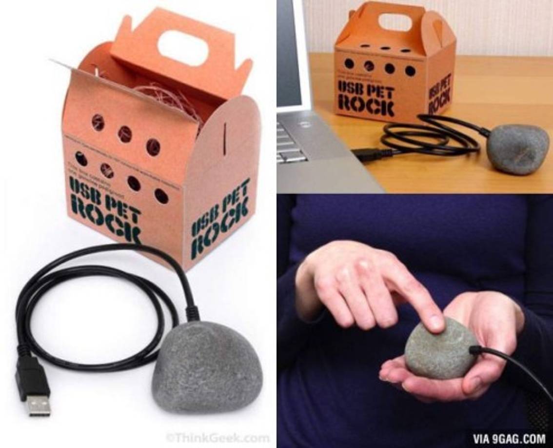 PIEDRA MASCOTA CON USB.<br/>Para quienes no lo saben, a un 'genio' se le ocurrió la brillante idea de mercadear piedras mascota. Su lógica parece tener sentido: No come ni bebe gran cosa, no hace ruidos molestos, no ensucia, no se escapa y tampoco viene cuando la llamas, pero al menos en este caso, hace algo útil como guardar tus datos. Recomendado para corazones solitarios.