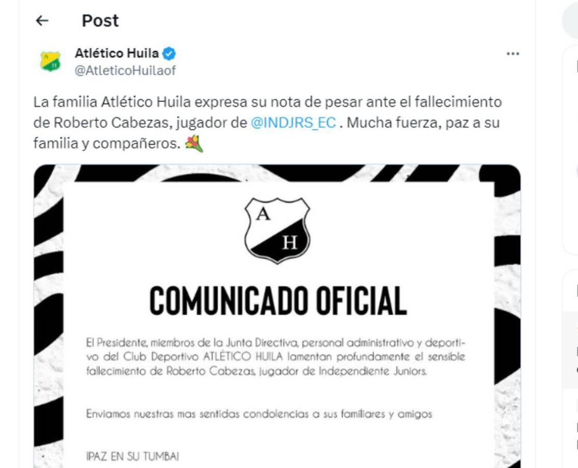 Diferentes equipos internacionales han lamentado la muerte de Roberto Cabezas y uno de ellos fue el Atlético Huila. 