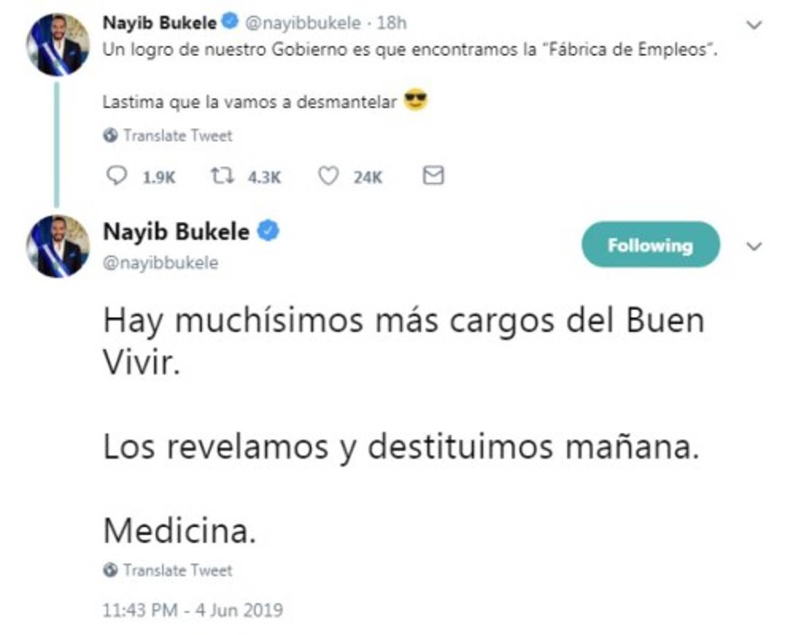 El polémico mandatario también advirtió que desmantelará la'fábrica de empleos' del Gobierno del FMLN.