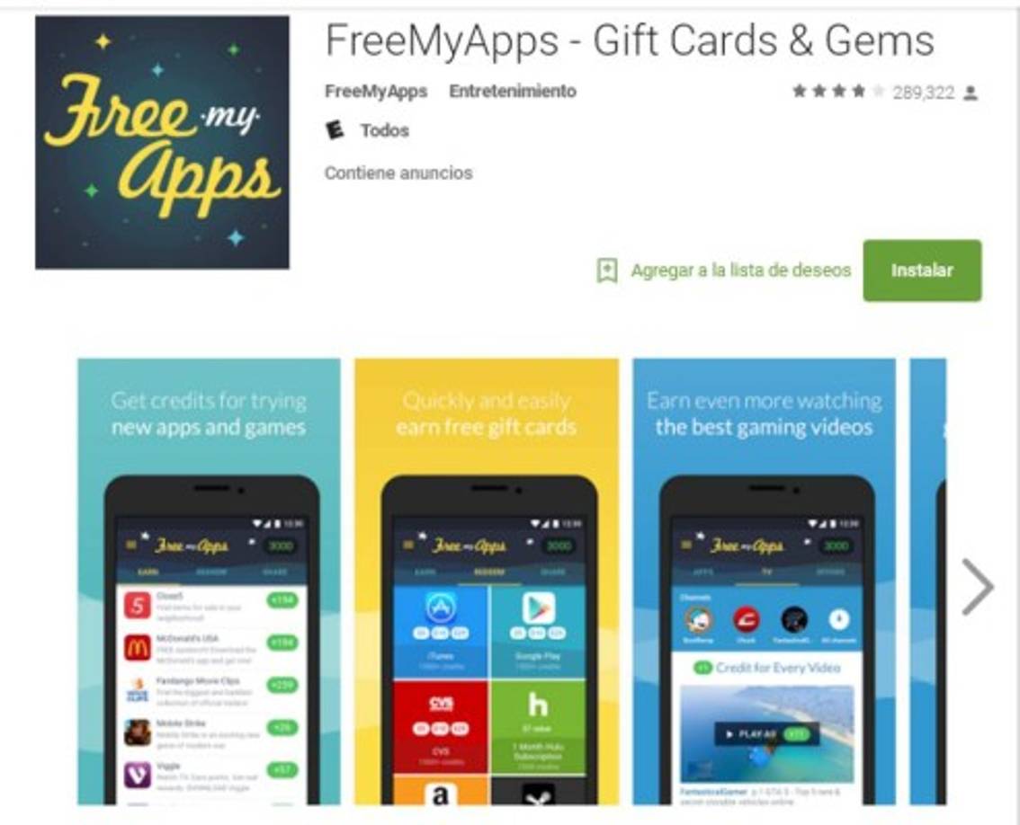 Free My Apps:<br/><br/>Es una aplicación que no ofrece dinero sino cheques para canjear en servicios como Spotify o establecimientos como Starbucks. <br/><br/>Su uso se basa en probar otras apps y se necesita estar conectado a Facebook para usarla.<br/><br/><br/>