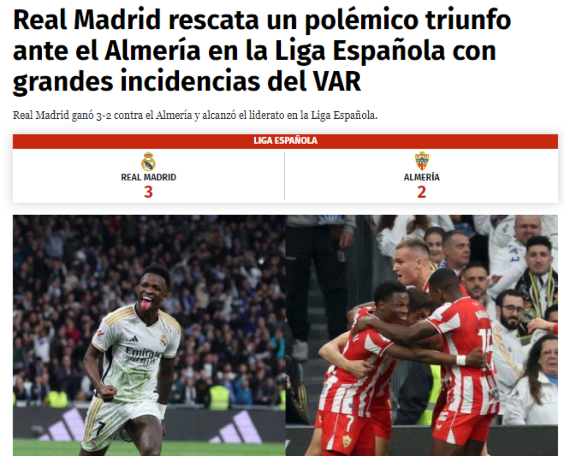 En Diario DIEZ: “Real Madrid rescata un polémico triunfo ante el Almería”.