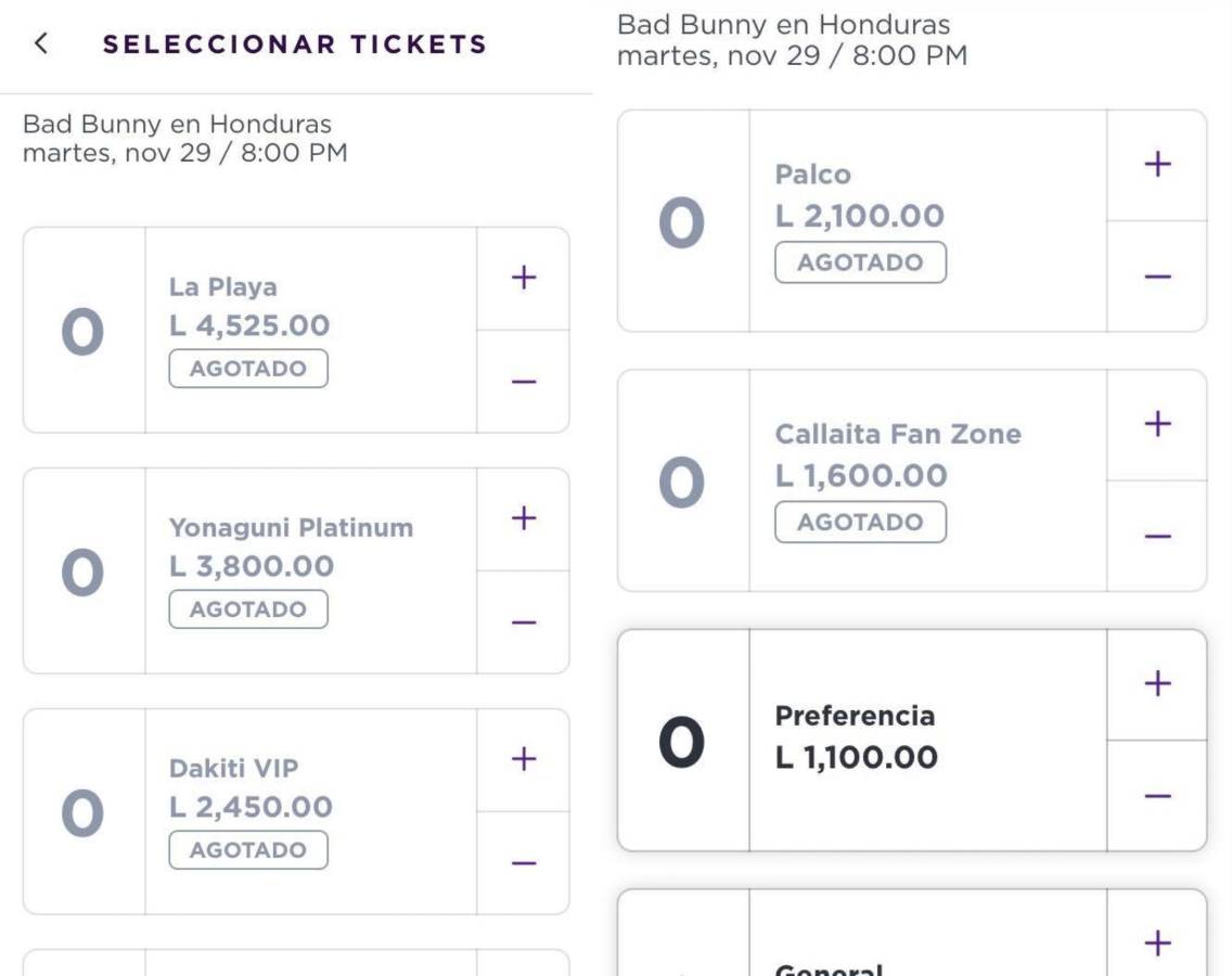 De acuerdo con la app Hugo Honduras, por ahora están agotadas las siguientes localidades: La Playa, Yonaguni Platinum, Dakiti VIP, Palco y Callaíta Fan Zone.