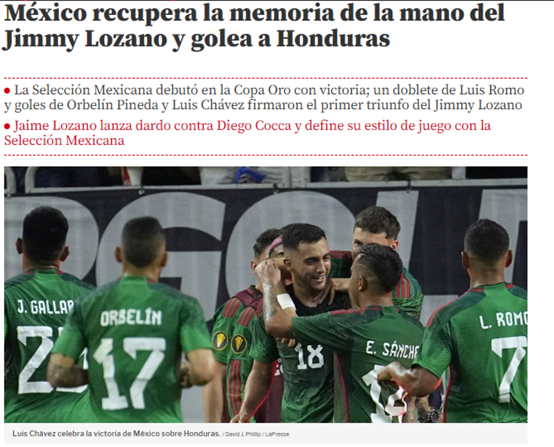 Mundo Deportivo de España: “México recupera la memoria de la mano del Jimmy Lozano y golea a Honduras”: