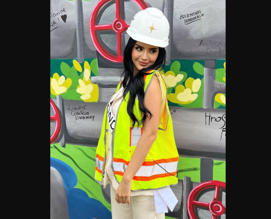 Antes de finalizar, dejaron sus firmas en una pared con una colorida pintura sobre los volcanes, ríos y el ave nacional salvadoreña, el Torogoz.En la imagen: Miss Honduras Universe 2023, Zu Clemente. 