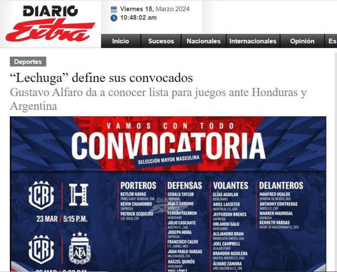 Diario Extra de Costa Rica: “Lechuga define sus convocados”.