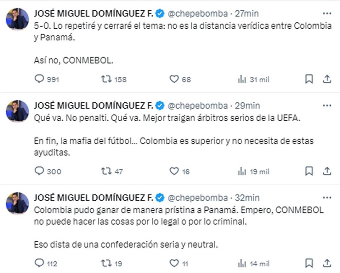 José Miguel Domínguez, periodista panameño conocido como ‘Chepe Bomba’, utilizó de excusa el arbitraje tras la goleada que encajó Panamá ante Colombia: “5-0. Lo repetiré y cerraré el tema: no es la distancia verídica entre Colombia y Panamá. En fin, la mafia del fútbol... Colombia es superior y no necesita de estas ayuditas”.
