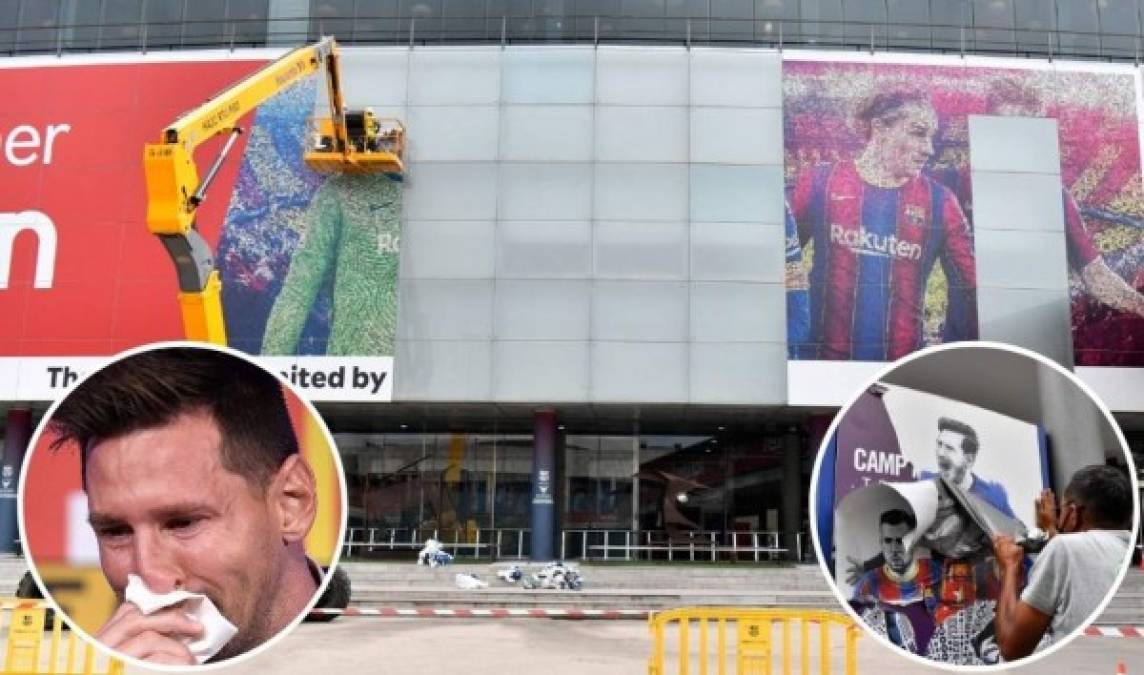 El Barcelona ha sorprendido este martes al retirar del Camp Nou toda imagen de Lionel Messi. La decisión ha entristecido a la afición culé. Fotografía: AFP