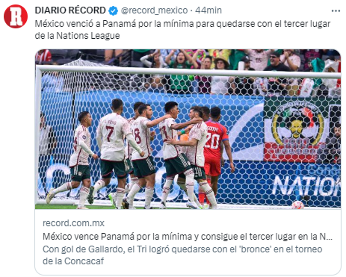 Diario El Récord: “México venció a Panamá por la mínima para quedarse con el tercer lugar de la Nations League”.