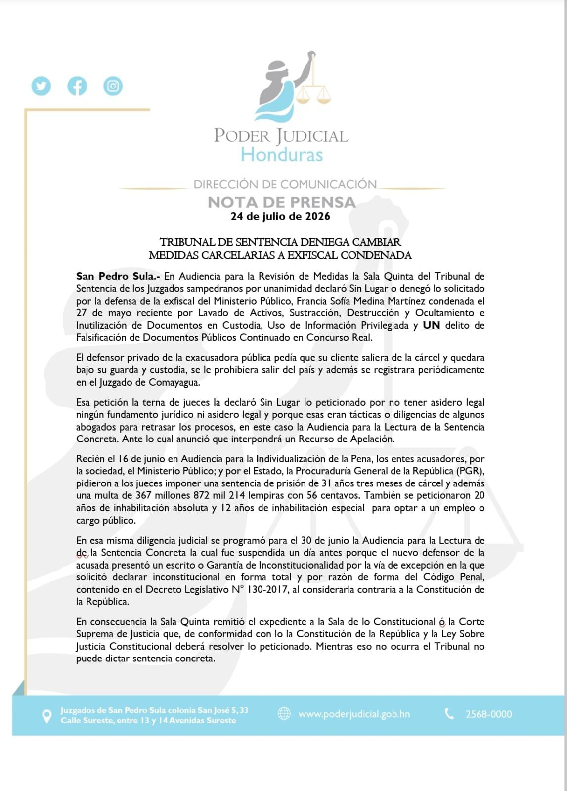 Comunicado oficial del Poder Judicial.