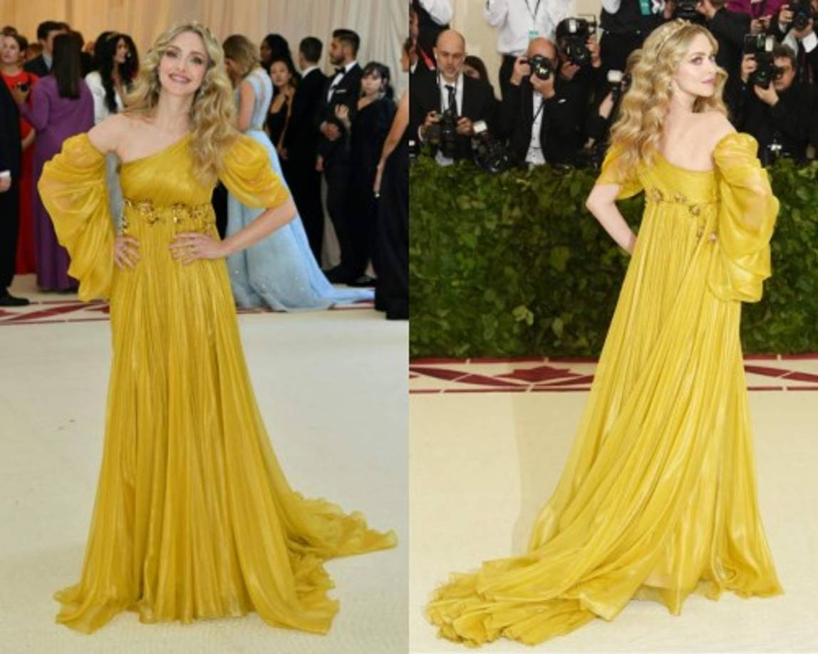 Amanda Seyfried con un diseño romántico de Prada en color amarillo. La manga en la mano derecha es opcional, si quieres hacerlo más cómodo.<br/>