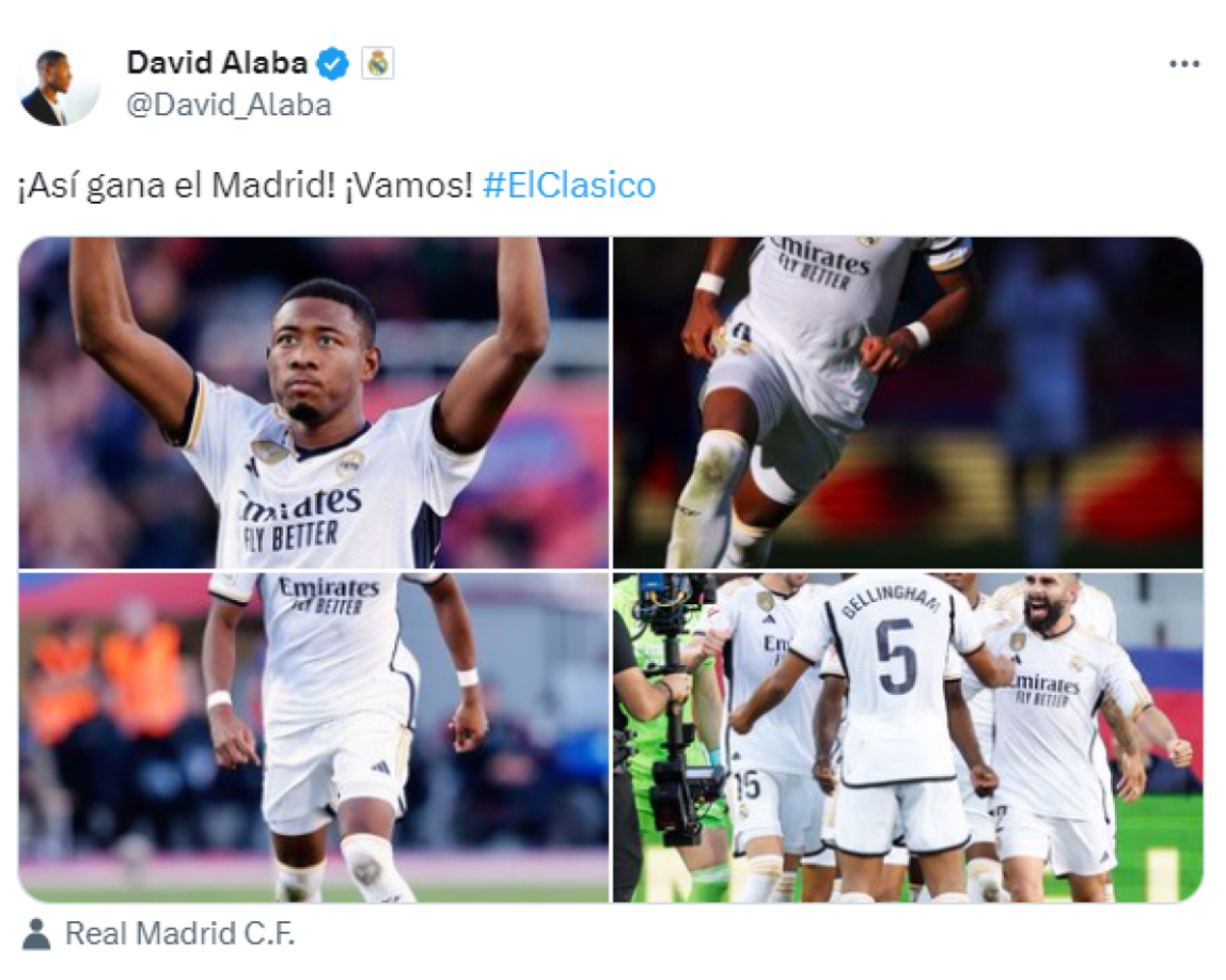  Por su parte, David Alaba escribió en sus redes sociales: “Así gana el Madrid. ¡Vamos!”. Con este triunfo el Real Madrid es líder de la Liga Española con 28 unidades.