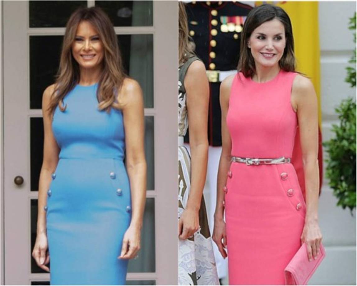Letizia optó para la ocasión por un vestido de color rosa, sin mangas, con cinturón metálico y unos botones en la zona de la cintura del diseñador estadounidense, Michael Kors.<br/><br/>Curiosamente, Melania había usado el mismo vestido, en tono azul, para recibir a la pareja presidencial panameña en la Casa Blanca.