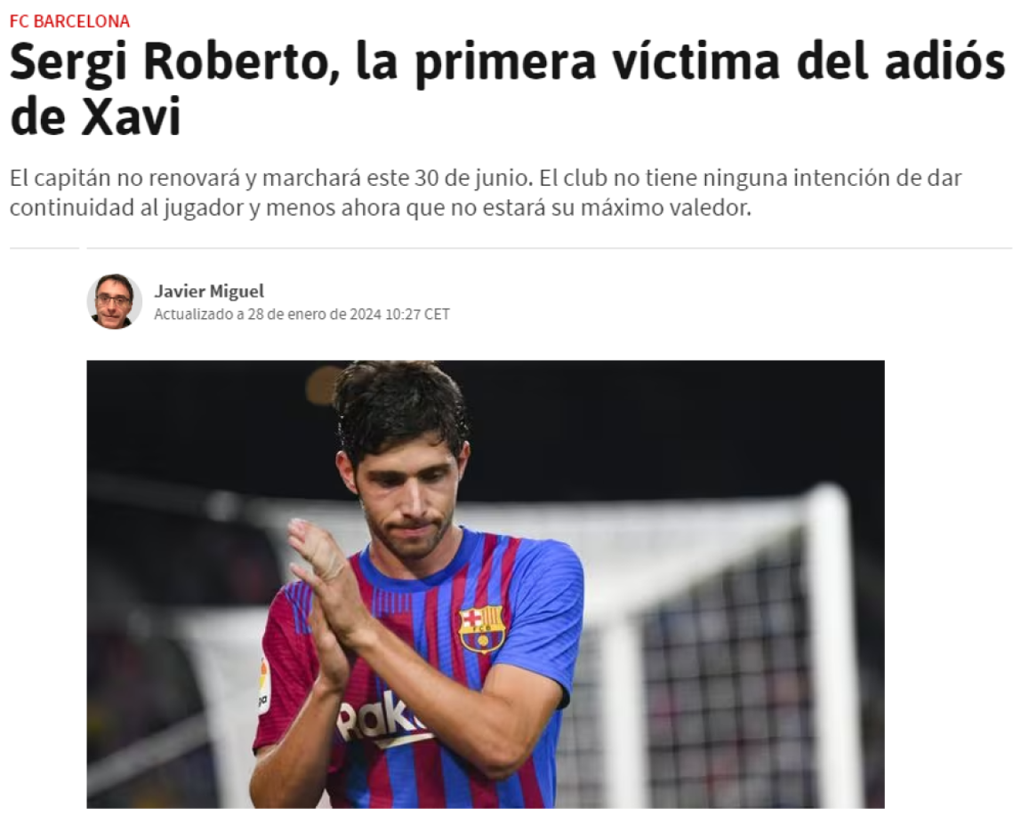 Diario AS revela que hay un jugador que ha decidido marcharse del club ante el adiós del técnico, hablamos de Sergi Roberto. El volante tenía las puertas abiertas a seguir un año más si es que Xavi seguía en el Barcelona, pero ahora todo ha dado un giro. Además, el club no está interesado en renovar su contrato.