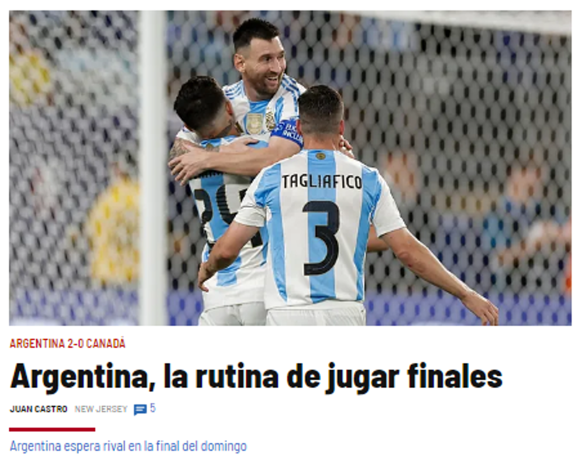 “Argentina, la rutina de jugar finales”, publicó Diario Marca de España.