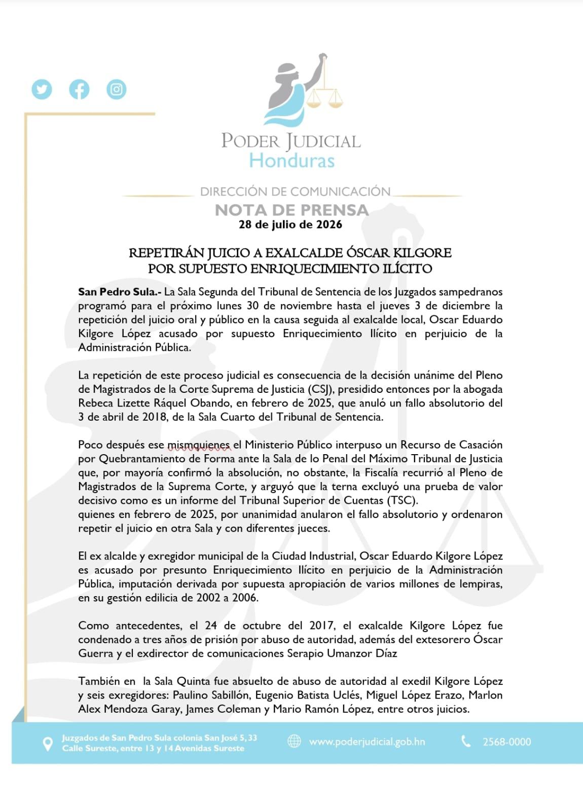 Comunicado oficial del Poder Judicial.
