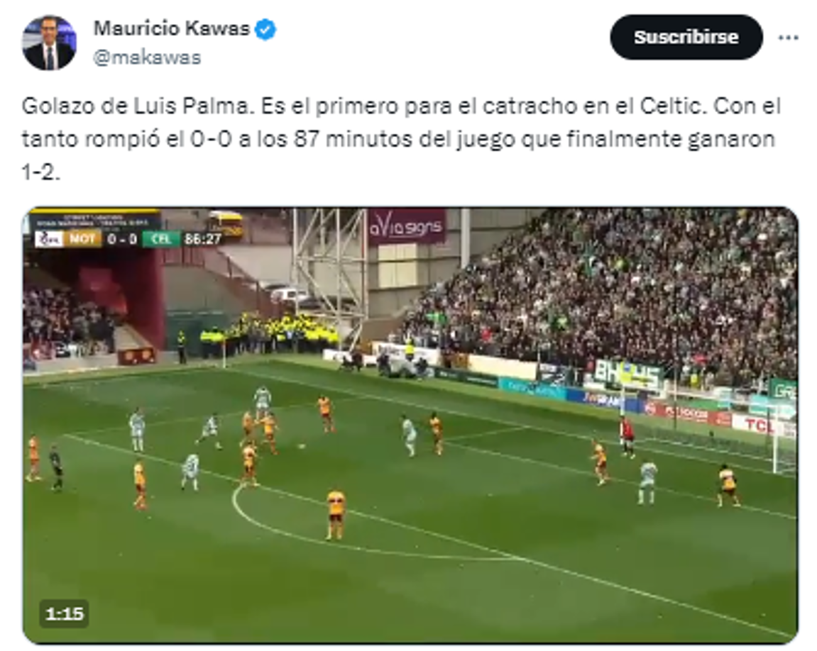 Mauricio Kawas: “Golazo de Luis Palma. Es el primero para el catracho en el Celtic. Con el tanto rompió el 0-0 a los 87 minutos del juego que finalmente ganaron 1-2”.