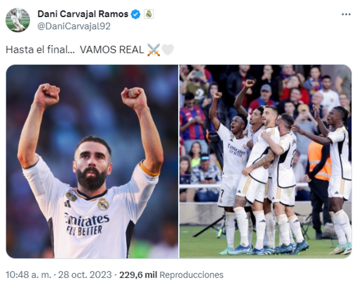 Dani Carvajal, quien hoy lució el gafete de capitán del Real Madrid ante el Barcelona, utilizó las mismas palabras en redes sociales.