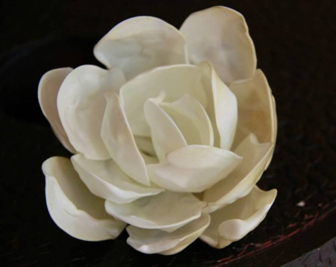 Un hermoso dije elaborado con cucharas de plástico. Para el efecto corrugado coloque la cuchara sobre una vela. fotos: Cristina Santos.