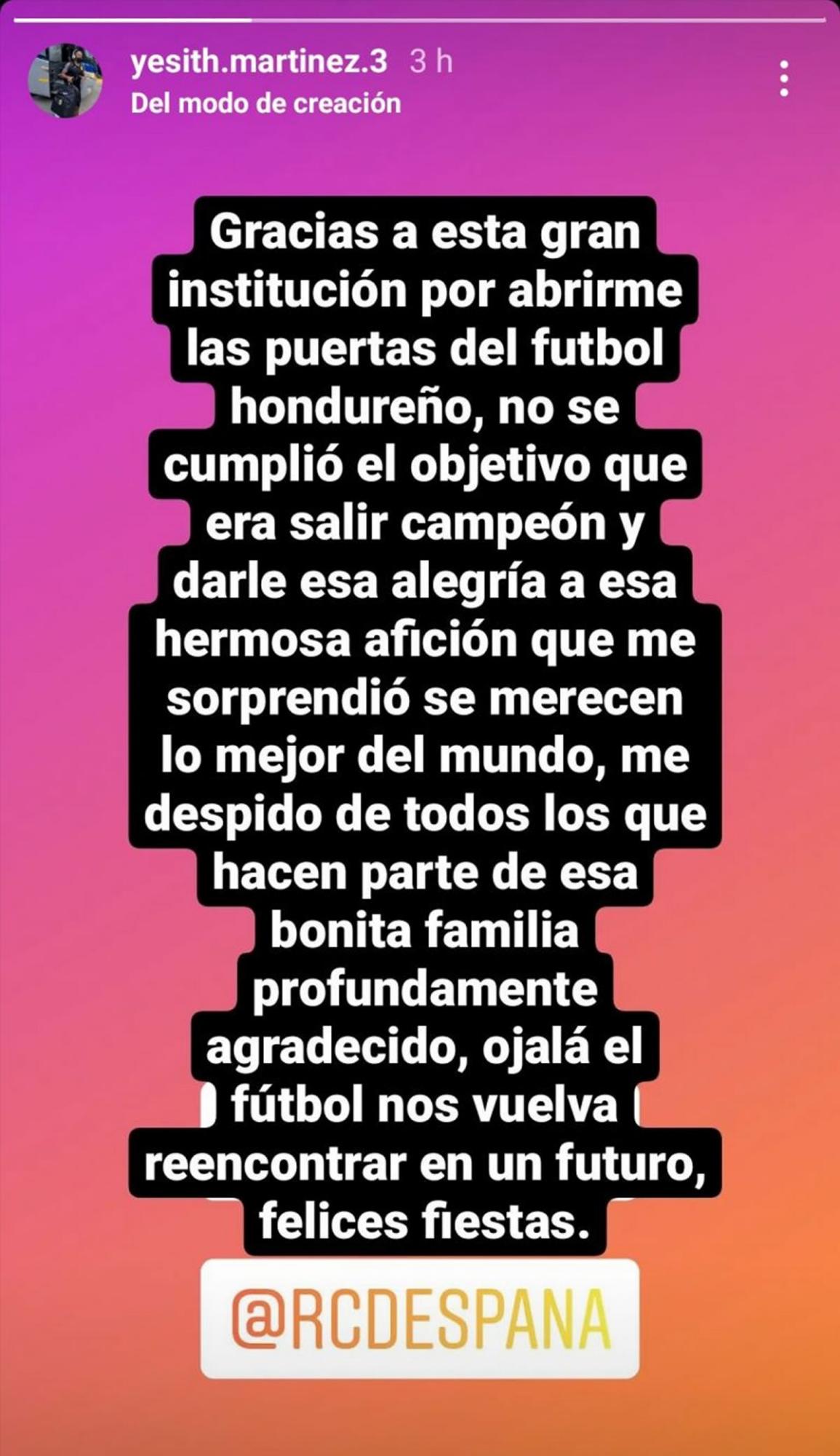 El mensaje de despedida de Yesith Martínez.