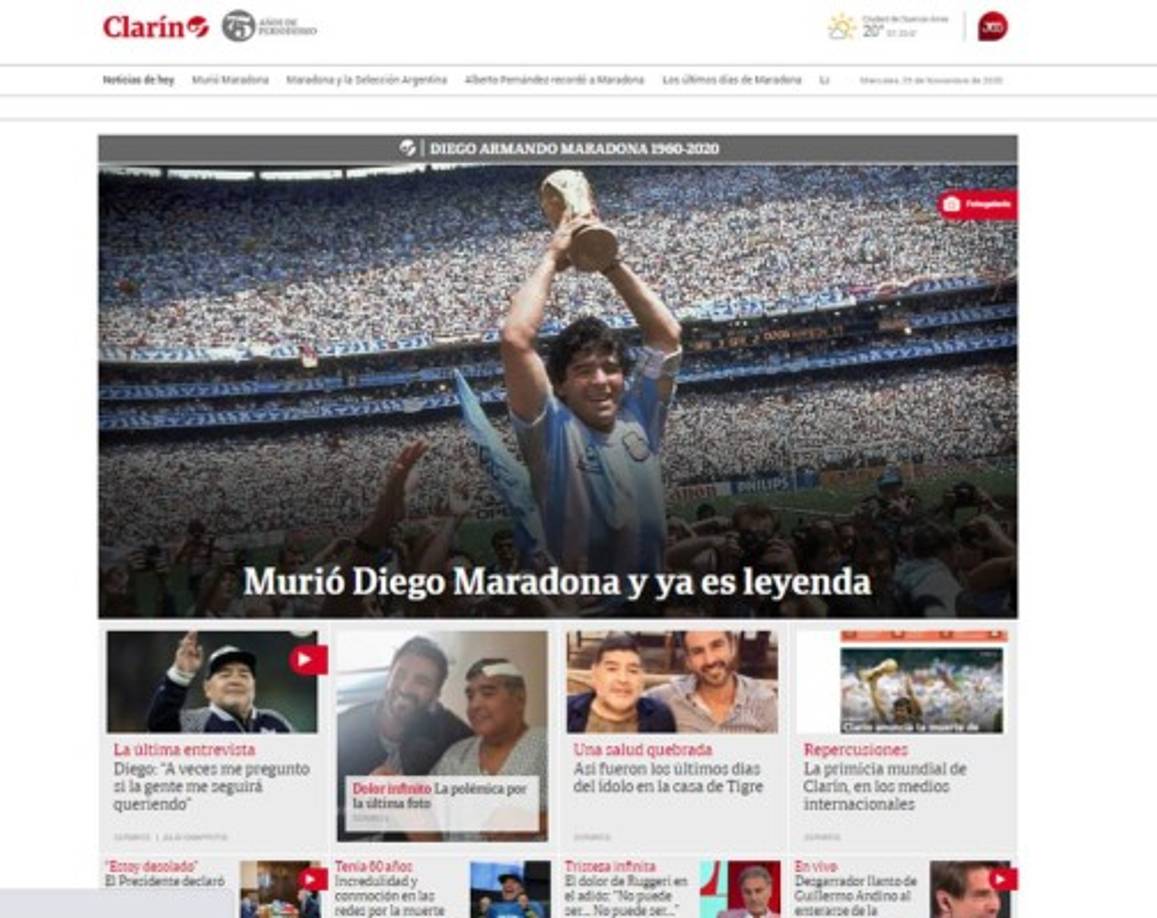 Diario Clarín de Argentina - 'Murió Diego Maradona y ya es leyenda'.