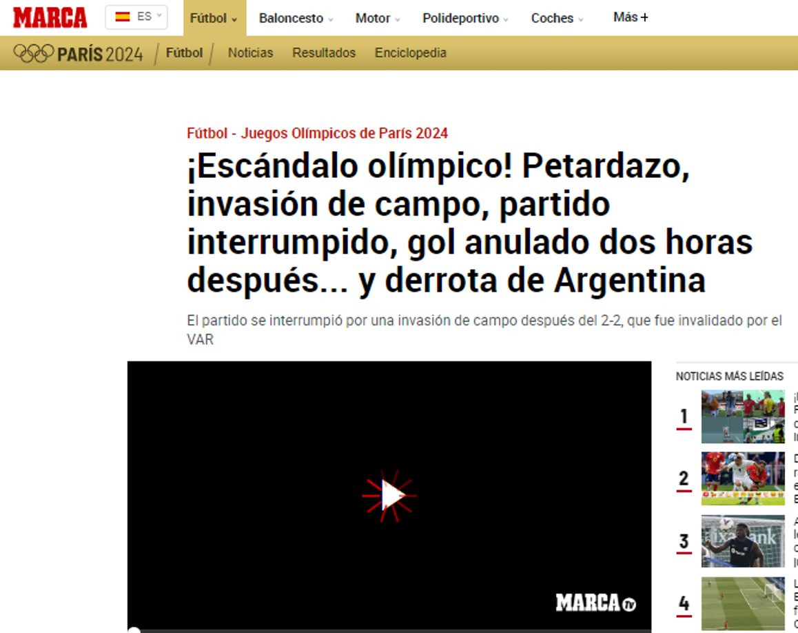 “¡Escándalo olímpico! Petardazo, invasión de campo, partido interrumpido, gol anulado dos horas después... y derrota de Argentina”, Diario Marca de España.