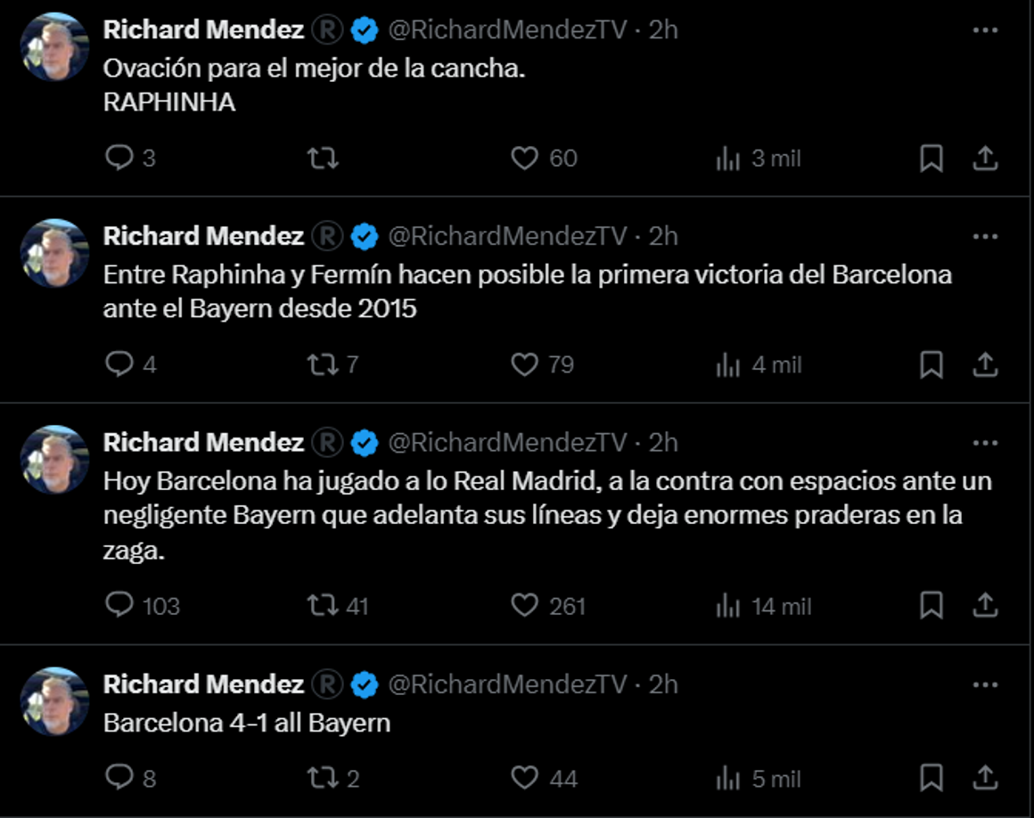 “Hoy Barcelona ha jugado a lo Real Madrid, a la contra con espacios ante un negligente Bayern que adelantó sus líneas y deja enormes praderas en la zaga”, el narrador Richard Mendez.