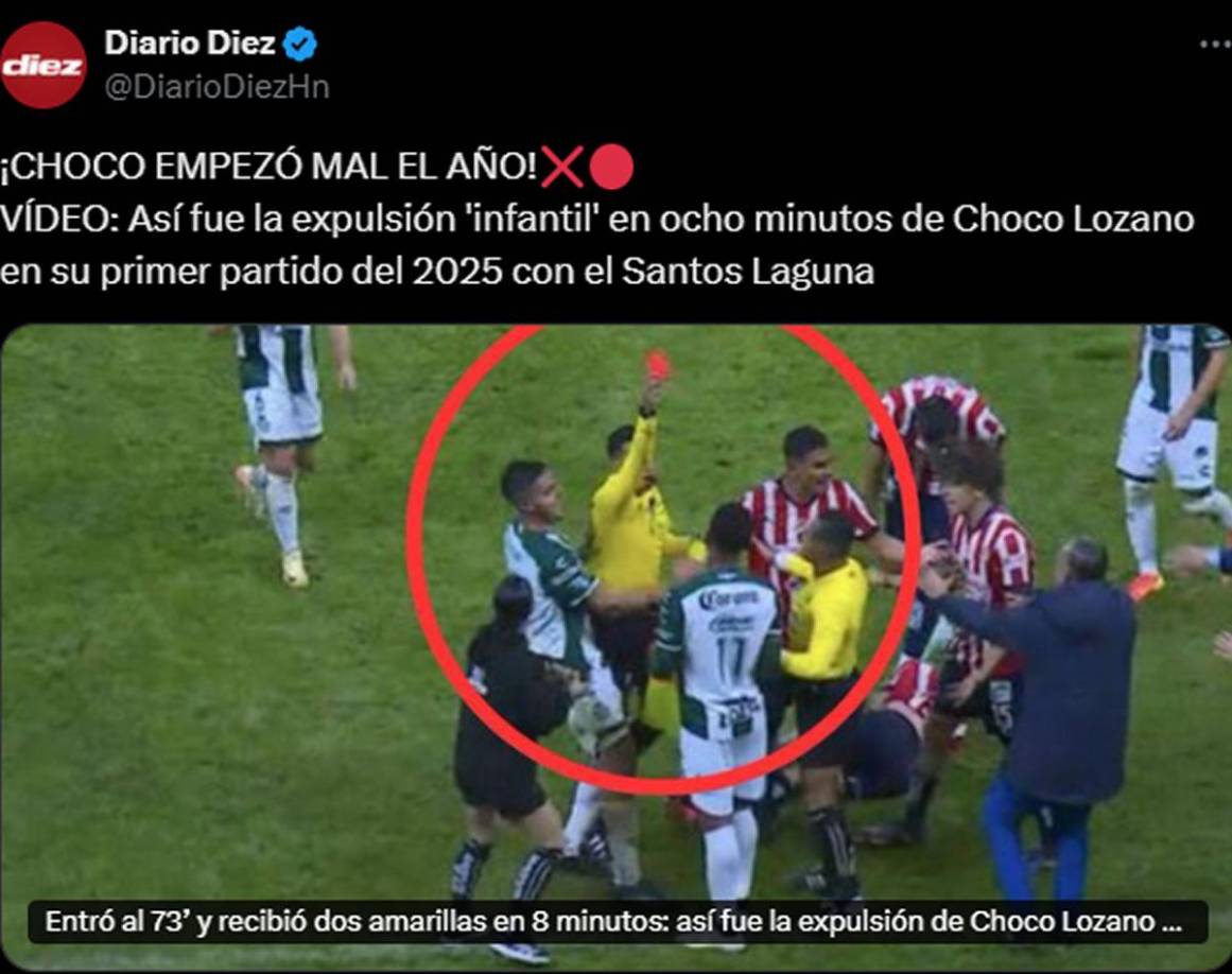 Diario Diez - “’Choco’ Lozano empezó mal el año” por su “expulsión infantil en ocho minutos en su primer partido del 2025 con el Santos Laguna”.