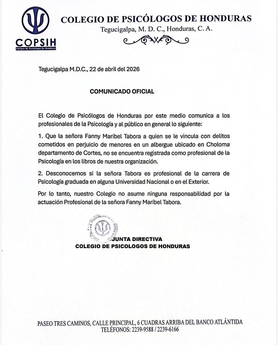 Colegio de Psicólogos niega que mujer capturada en hogar El Refugio de Choloma sea sicóloga