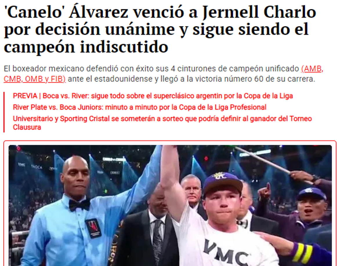 ”Canelo Álvarez venció a Jermell Charlo por decisión unánime y sigue siendo el campeón indiscutido”, fue el titular de La República.