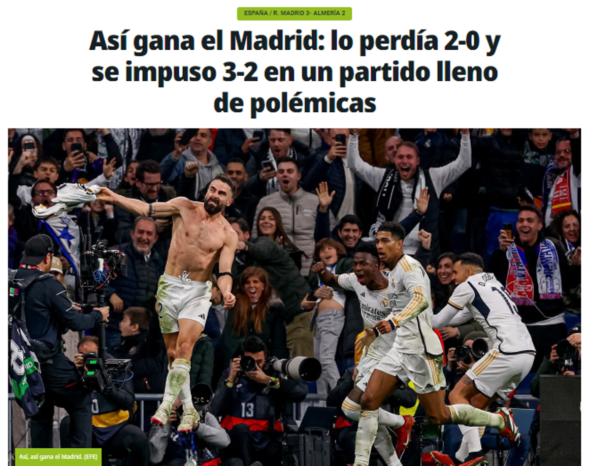 Diario Olé de Argentina: “Así gana el Madrid: lo perdía 2-0 y se impuso 3-2 en un partido lleno de polémicas”.