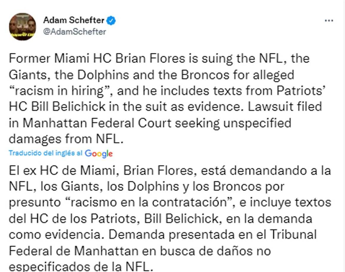 Adam Schefter, periodista estadounidense especializado en fútbol americano, también habló de la noticia que ha dado la vuelta a todo Estados Unidos.