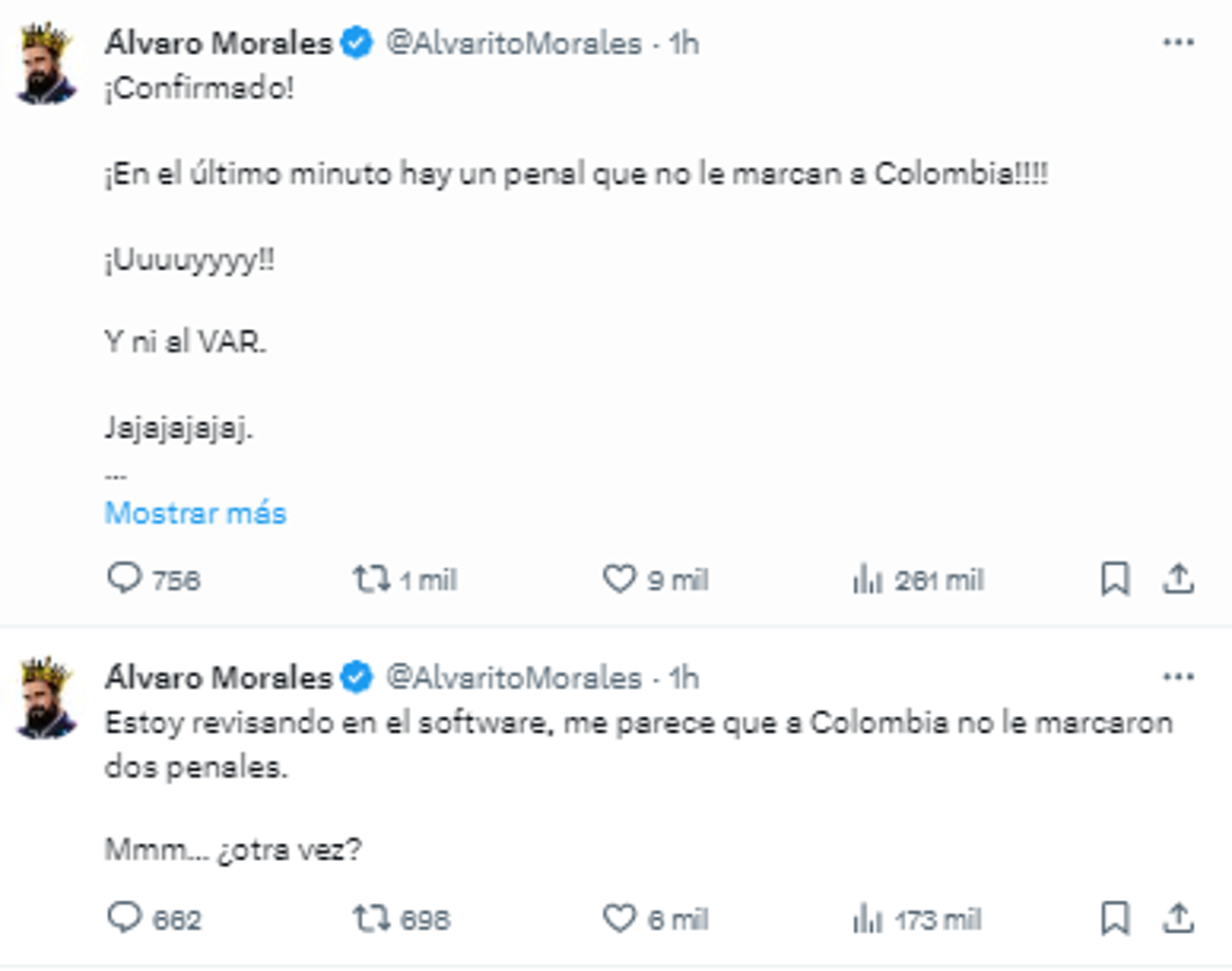 Álvaro Morales resaltó los penales que no le sancionaron a Colombia ante Argentina.