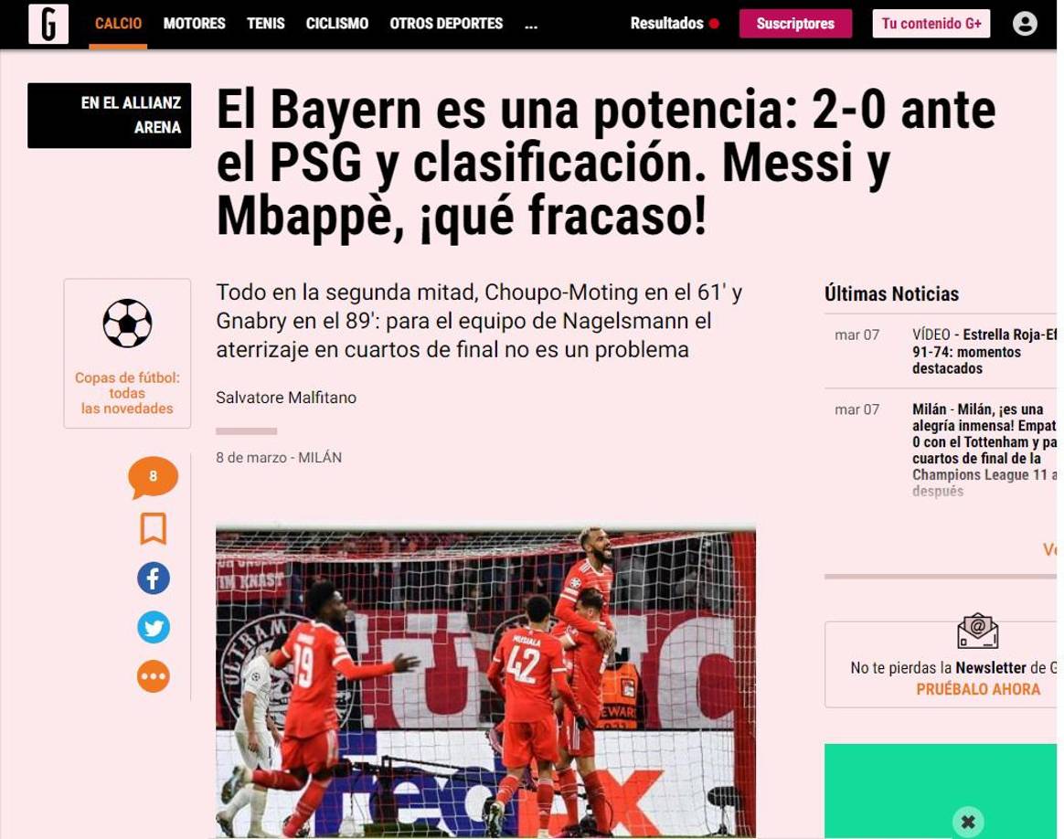 La Gazzetta dello Sport de Italia: “El Bayern es una potencia: 2-0 ante PSG y clasificación. Messi y Mbappé, ¡qué fracaso!”