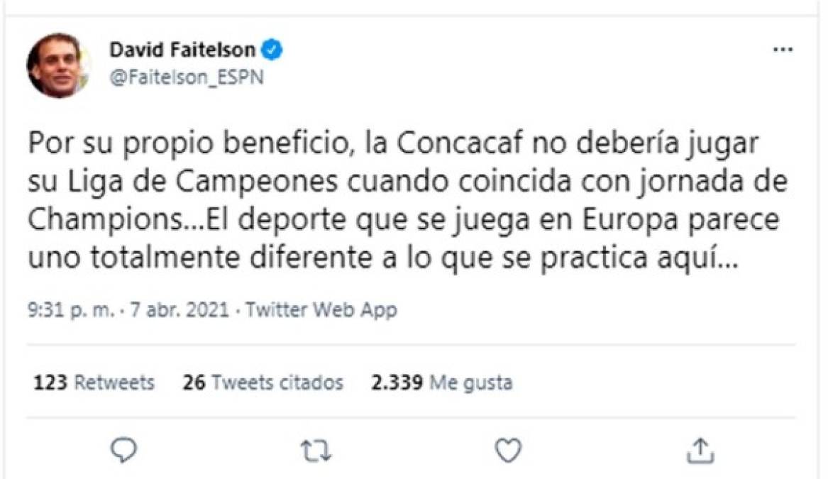 David Faitelson en otro mensaje dijo que “por su propio beneficio, la Concacaf no debería jugar su Liga de Campeones cuando coincida con jornada de Champions…El deporte que se juega en Europa parece uno totalmente diferente a lo que se practica aquí…“.