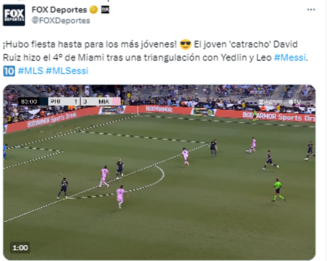 Fox Sports destacó el tanto del hondureño: “Hubo fiesta hasta para los más jóvenes! El joven ‘catracho’ David Ruiz hizo el 4º de Miami tras una triangulación con Yedlin y Leo”.