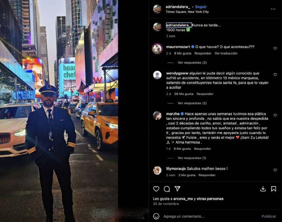 Vestido con su <b>uniforme de aviador</b> y con el <b>Times Square de Nueva York</b> como fondo, Adrián escribió: <b>“Nunca es tarde, 1500 horas”</b>, en referencia a las horas de vuelo acumuladas.