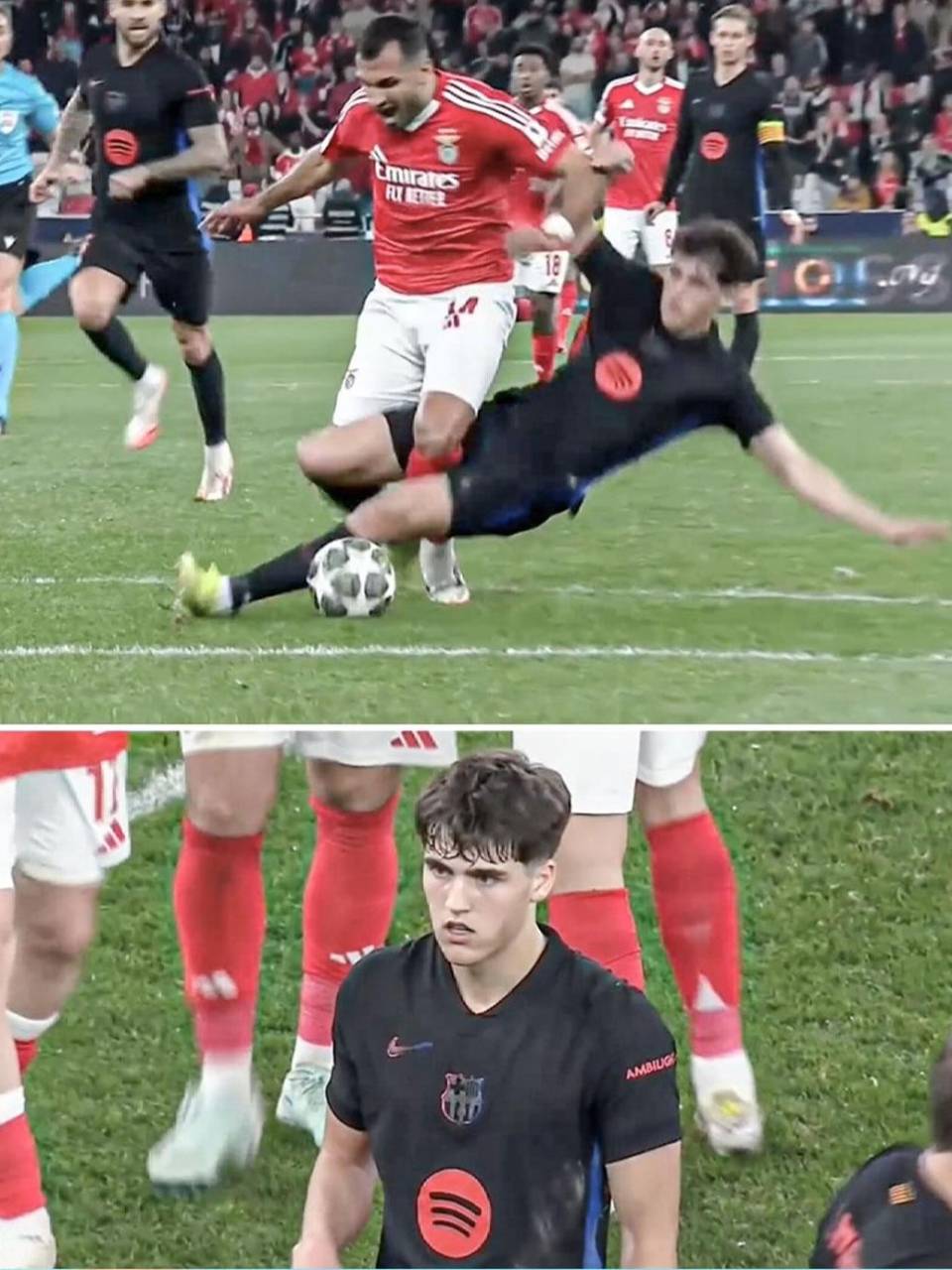 Así fue la falta de Pau Cubarsí contra Vangelis Pavlidis que provocó su expulsión.