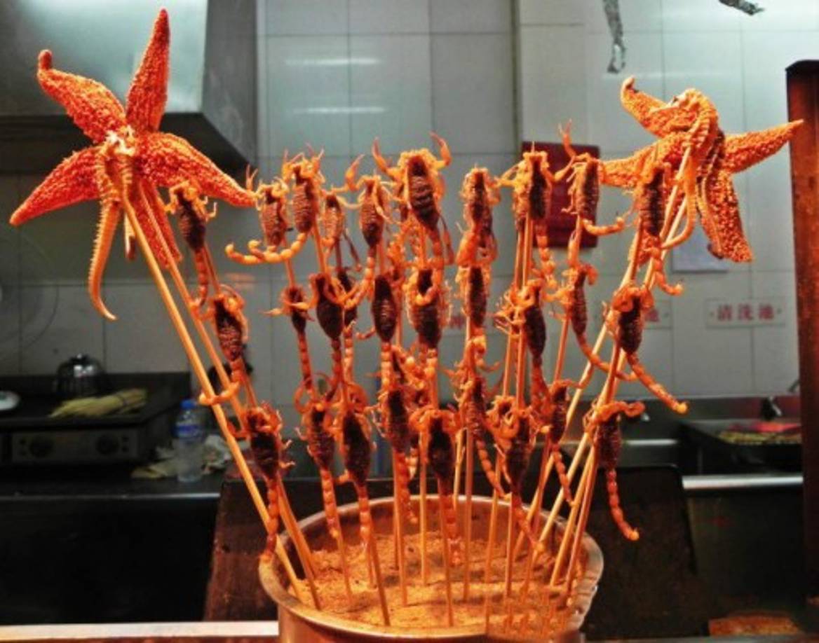 5.- Pinchos de estrella de mar, escorpión o caballito de mar. <br/><br/>Estas criaturas se cocinan a la parrilla y luego se ensartan en palillos de madera para su deguste.