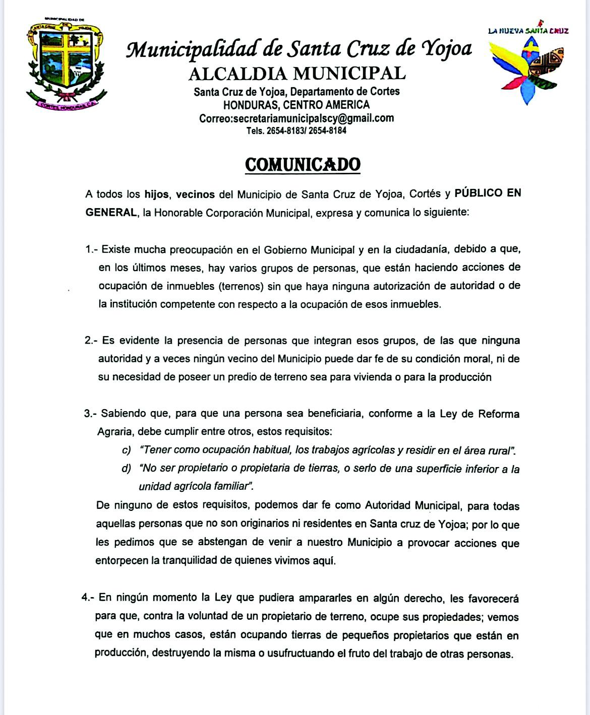 <b>Comunicado. La Municipalidad de Santa Cruz de Yojoa manifestó preocupación por las invasiones.</b>