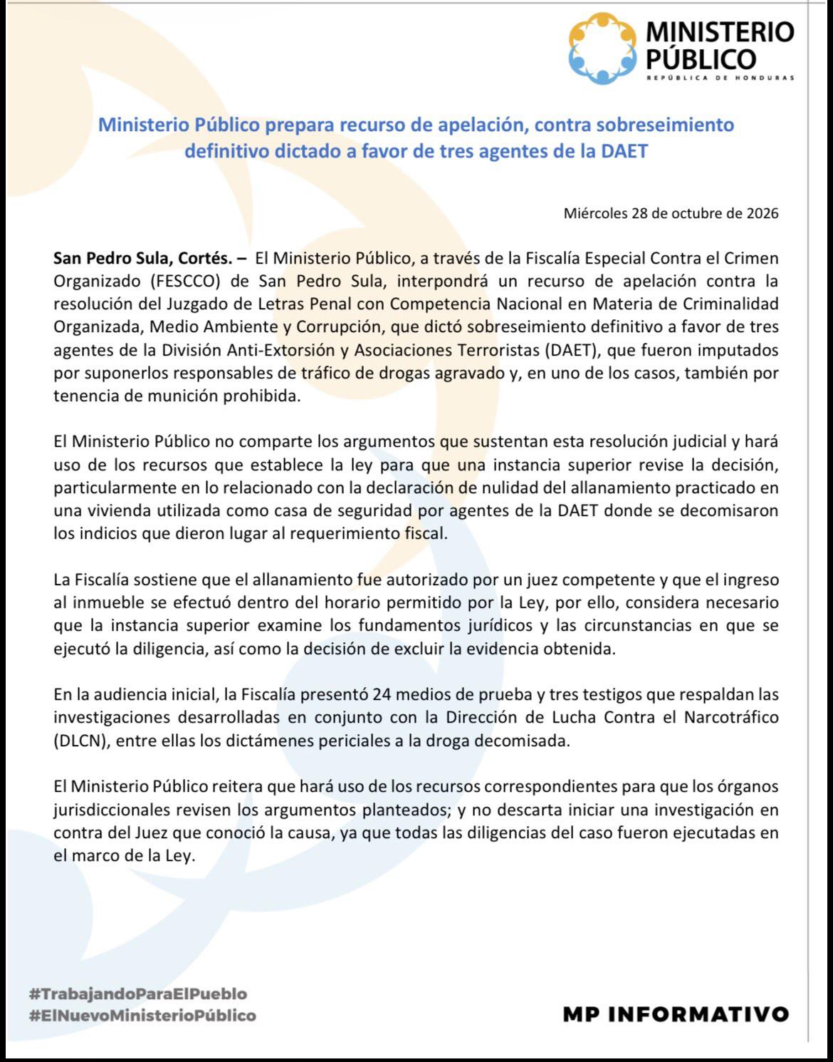 MP apelará el sobreseimiento a favor de tres agentes de la Daet y evalúa investigar al juez