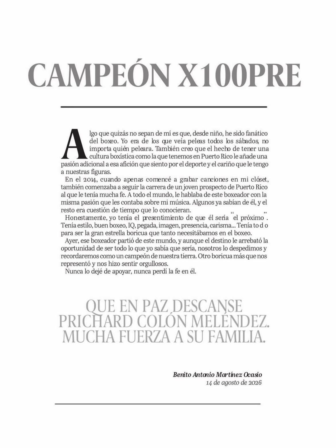 Bad Bunny publicó una carta en el diario El Nuevo Día, en la que destacó la valentía y el legado del pugilista, Prichard Colón.
