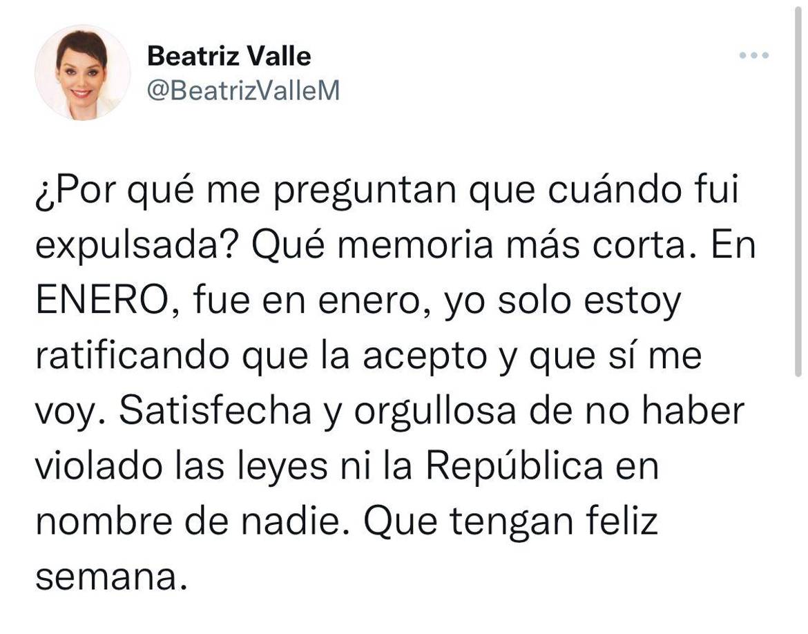 La diputada Valle dijo ayer que fue expulsada de Libre por Manuel Zelaya y Xiomara Castro, después de apoyar a Jorge Cálix en la elección de la Junta Provisional del Congreso, situación que se contraponía a un “pacto electoral”, previo a elecciones, entre Salvador Nasralla y la ahora presidenta Castro. 