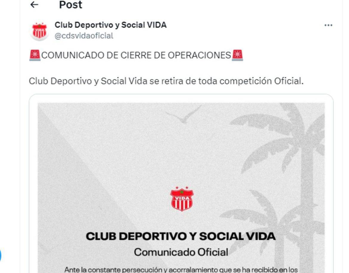 ”Ante la constante persecución y acorralamiento que se ha recibido en los últimos años, la junta directiva decide tomar la difícil decisión de: Retirarnos de toda competición oficial y concluir nuestra participación con la Federación de Fútbol de Honduras.”, indicó el equipo ceibeño.